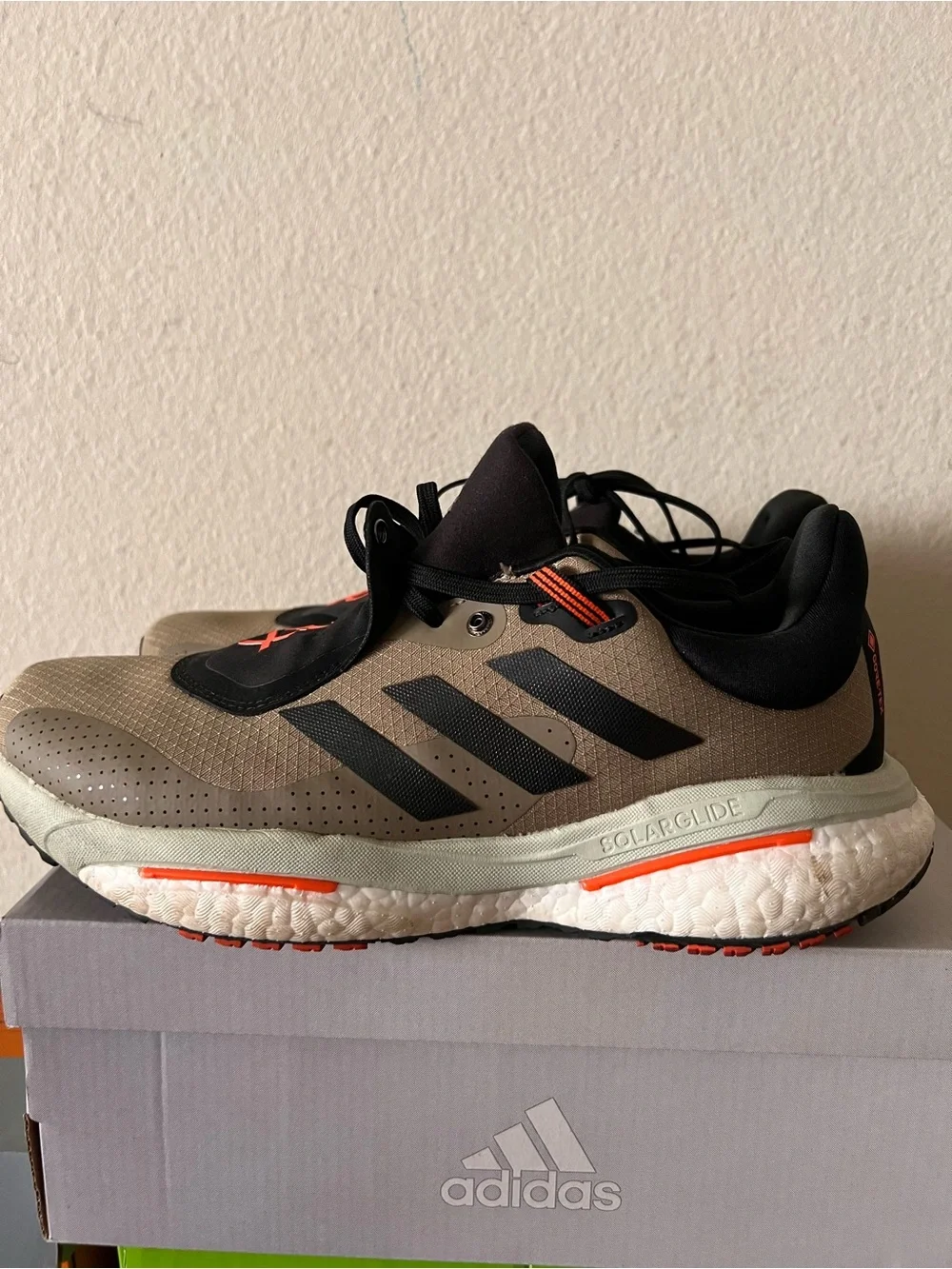 adidas Men’s Taupe and Black SolarGlide Running Shoes with Orange Accents